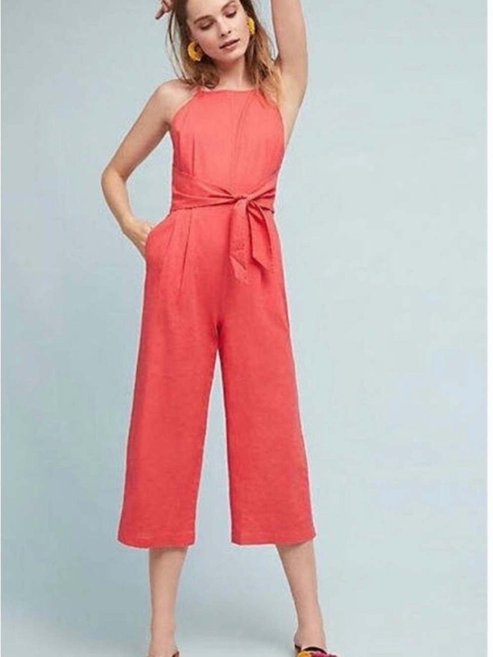 Anthropologie Greylin Coral Sleeveless Tie-Waist Wide-Leg Jumpsuit